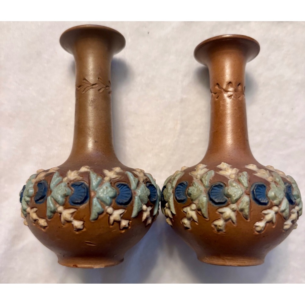 Doulton Lambeth Silicon Ware Miniature Bud Vases Set 2 Antique 1870s Terracotta